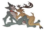  2021 all_fours anthro antlers balls beastars brown_balls brown_body brown_fur brown_nose butt canid canine canis cervid collar collar_only confusion duo eager flaccid fur genitals grey_balls grey_body grey_fur hooves horn ksejl larger_male legoshi_(beastars) louis_(beastars) male male/male mammal multicolored_body multicolored_fur penis pink_penis raised_tail red_collar ribs short_tail signature simple_background size_difference slim slim_male smaller_male two_tone_body two_tone_fur white_background wolf 