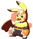  2018 cleft_tail clothing cosplay_pikachu_(costume) dipstick_ears female mask midriff multicolored_ears nintendo open_mouth pikachu pikachu_libre pok&eacute;mon pok&eacute;mon_(species) semi-anthro simple_background solo tatu_wani_(artist) tongue video_games white_background yellow_body yellow_skin 