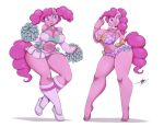  anthro anthrofied big_breasts bikini blue_eyes bottomwear breasts cleavage clothed clothing curvaceous curvy_figure cutie_mark equid equine female friendship_is_magic hair hasbro hi_res long_hair mammal miniskirt my_little_pony pink_body pink_hair pinkie_pie_(mlp) pom_poms sergioghi skirt small_waist solo standing swimwear thick_thighs voluptuous wide_hips 