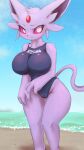  2021 4_fingers 9:16 anthro anthrofied beach big_breasts blush breasts camel_toe clothed clothing cloud day eeveelution ehada espeon female fingers forehead_gem fur genital_outline hi_res huge_breasts japanese_text looking_at_viewer nintendo one-piece_swimsuit outside pink_eyes pok&eacute;mon pok&eacute;mon_(species) pok&eacute;morph portrait purple_body purple_fur pussy_outline sand sea seaside sky solo swimwear text thick_thighs three-quarter_portrait tight_clothing translated video_games water 