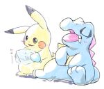  2018 3_toes ambiguous_gender blue_body dipstick_ears duo eyes_closed feet holding_object multicolored_ears nintendo open_mouth open_smile pikachu pok&eacute;mon pok&eacute;mon_(species) scalie semi-anthro simple_background sleeping smile tatu_wani_(artist) toes tongue totodile video_games white_background yellow_body 
