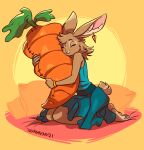  2021 anthro carrot clothed clothing digital_media_(artwork) dress eyes_closed feet female fingers food fur hi_res hug kneeling lagomorph leporid long_ears mammal pillow plant rabbit smile solo toes vegetable zummeng 