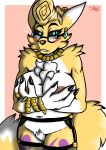  2021 absurd_res anthro bandai_namco big_breasts blush blush_lines bracelet breasts canid canine chest_tuft claws clothing covering covering_breasts crotch_tuft digimon digimon_(species) digital_drawing_(artwork) digital_media_(artwork) ear_piercing ear_ring eyewear female fluffy fox fur glasses hairdo hairstyles hi_res jewelry legwear male mammal mature_female necklace nipples piercing pubes pubic_fuzz renamon ring solo stockings tuft tv_show video_games white_body white_fur xxtheoneguyxx yellow_body yellow_fur 