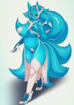  6_tails anthro areola armor belly big_breasts blue_body blue_fur blue_hair breasts cape claws clothed clothing curvy_figure dialga eyewear female fur glance glasses greaves hair hi_res hybrid kemono legendary_pok&eacute;mon looking_at_viewer multi_tail ninetales nintendo pasties pok&eacute;mon pok&eacute;mon_(species) pregnant red_eyes shadow simple_background skimpy slightly_chubby solo tailzkim unconvincing_armor video_games voluptuous walking white_background 