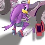  1:1 anthro avian bird bodily_fluids bottomwear breasts clothed clothing crouching cutoffs denim denim_clothing dirty female fours_(artist) gloves handwear hi_res looking_at_viewer looking_back sega shorts small_breasts solo sonic_riders sonic_the_hedgehog_(series) sweat toolbox tools topless wave_the_swallow 