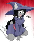  2017 anthro big_breasts black_hair breasts clothing cosplay costume dialogue digital_media_(artwork) domestic_cat dress english_text eyelashes feet felid feline felis female fingers fur grey_body grey_fur hair hat headgear headwear hi_res kneeling little_witch_academia long_hair looking_at_viewer mammal sandwich-anomaly simple_background simple_eyes smile solo studio_trigger talking_to_viewer text tongue vanessa_(sandwich-anomaly) wand whiskers witch_hat 