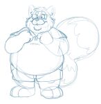  2021 ailurid anthro belly blue_and_white bottomwear bravo clothing eyewear glasses male mammal mature_male monochrome overweight overweight_male red_panda shirt shorts simple_background sketch solo topwear white_background 