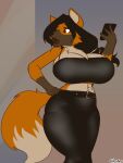  2021 3:4 anthro belt big_breasts black_hair bottomwear breasts canid canine chest_tuft clothing female hair halcy0n hand_on_hip hi_res holding_object holding_phone mammal maned_wolf midriff navel open_mouth pants phone simple_background solo tuft 