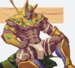  abs absurd_res anthro armor black_body black_pubes blue_eyes bulge canid canine canis hi_res jackal league_of_legends male mammal mostly_nude muscular muscular_male nasus_(lol) nipples pecs pubes riot_games simple_background sitting solo uiokv video_games 