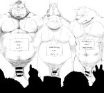  2021 anthro balls belly bodily_fluids bovid bovine canid canine canis cattle chain chained embarrassed english_text flaccid for_sale genitals group hachirouta hi_res humanoid_genitalia humanoid_hands humanoid_penis humiliation kemono male mammal monochrome moobs nipples overweight overweight_male penis public_humiliation scared slave slave_auction suid suina sus_(pig) tears text wild_boar wolf 