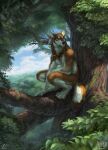  2021 anthro arm_on_leg arm_support artist_name athletic athletic_anthro athletic_male aurru barefoot bent_legs biceps biped black_claws black_nose blue_eyes blue_sky braided_hair branch brown_body brown_fur canid canine canis claws cloud crouching day deltoids detailed_background digital_media_(artwork) digital_painting_(artwork) digitigrade feather_earring feathers feet finger_claws fluffy fluffy_tail forest full-length_portrait fur hair hi_res high_place inner_ear_fluff landscape leaf light lighting looking_away male mammal miles_(miles-wolf) moss multi_tone_body multi_tone_fur multicolored_body multicolored_fur nature neck_tuft nude outside plant portrait prick_ears shaded signature sky solo tan_body tan_fur toe_claws tree triceps tuft white_body white_fur wolf 