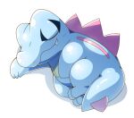  2018 ambiguous_gender blue_body eyes_closed feet nintendo open_mouth pok&eacute;mon pok&eacute;mon_(species) scalie simple_background sleeping smile solo tatu_wani_(artist) toes totodile video_games white_background 