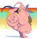  absurd_res alien alien_humanoid balls blush bodily_fluids bottomless cape clothed clothing dragon_ball dragon_ball_z genitals handwear hi_res humanoid majin_buu male moobs nipples overweight overweight_humanoid overweight_male penis pink_body satsui-n0-had0u solo sweat thick_thighs yellow_clothing yellow_handwear 