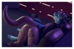  3:2 3d_(artwork) anthro black_collar black_hair blue_clothing bottomless clothed clothing collar digital_media_(artwork) dragon duo female genitals hair hi_res horn implied_oral looking_pleasured male male/female orange_body orange_scales purple_clothing pussy scales skipsy skipsy_dragon_(character) teal_scales wingless_dragon 