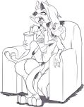  anthro beverage canid canid_demon canine demon duo female food hellhound helluva_boss helluva_exterminator hi_res larger_female loona_(vivzmind) male male/female mammal monochrome nauyaco on_lap pentagram poch_(helluva_exterminator) popcorn sitting_on_lap size_difference smaller_male soda talos_lives 