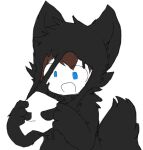  anthro black_body black_fur blue_eyes brown_hair canid canine canis changed_(video_game) chano fur goo_creature goo_transformation hair human lin_(changed) male mammal mask open_mouth simple_background solo species_transformation transformation white_background white_body wide_eyed wolf 