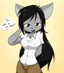 2017 anthro big_breasts black_hair blush bottomwear breasts clothing collared_shirt dialogue digital_media_(artwork) domestic_cat english_text eyelashes felid feline felis female fur grey_body grey_fur hair hand_behind_back long_hair looking_at_viewer mammal sandwich-anomaly shorts simple_background simple_eyes smile solo talking_to_viewer teeth text tongue vanessa_(sandwich-anomaly) whiskers yellow_background 