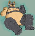  2021 anthro belly brown_body brown_fur canid canine canis domestic_dog fur humanoid_hands lying male mammal moobs navel nipples overweight overweight_male solo starston 