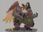  2016 3_fingers accipitrid accipitriform anthro avian beak benedict_(battleborn) biceps big_biceps big_muscles big_pecs biped bird bird_feet black_body black_claws black_feathers bottomwear brown_body brown_feathers claws clothed clothing cybernetics digital_media_(artwork) feathered_wings feathers finger_claws fingers front_view fully_clothed grey_background huge_muscles huge_thighs hyper hyper_muscles kneeling machine male motion_lines multicolored_body multicolored_feathers muscular muscular_anthro muscular_male muscular_thighs open_beak open_mouth pecs pink_tongue quads schwartzgeist scuted_arms scutes shaded shadow simple_background solo talons tan_body tan_feathers thick_thighs toe_claws tongue topwear torn_clothing torn_topwear triceps veiny_muscles winged_arms wings yellow_body yellow_feathers 