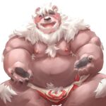  1:1 2021 absurd_res anthro balls belly brown_body brown_fur bulge eyes_closed fur genitals hi_res kemono kimun_kamui_(tas) male mammal meimei_kia moobs nipples overweight overweight_male simple_background sitting solo tokyo_afterschool_summoners towel ursid video_games white_background white_body white_fur 