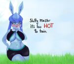  2021 absurd_res anthro big_breasts blue_body blue_hair blush bodily_fluids bottomwear breasts breath clothing dialogue eeveelution english_text female glaceon grass hair hi_res navel nebssik nintendo plant pok&eacute;mon pok&eacute;mon_(species) shorts simple_background solo sweat text tongue tongue_out video_games white_eyes 