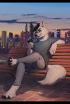  anthro black_bars black_hair black_nose canid canine canis classes clothed clothing day detailed_background hair hi_res letterbox male mammal outside sky smile solo suzamuri wolf 
