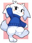  anthro blue_clothing blue_sweater blue_topwear blush blush_stickers bottomless cave_story clothed clothing cute_fangs digital_drawing_(artwork) digital_media_(artwork) facial_scar featureless_crotch female floppy_ears fluffy fluffy_tail front_view fur fur_tuft gesture head_tuft lagomorph leg_tuft leporid looking_at_viewer lop_ears mammal mimiga pink_background rabbit scar shaded simple_background smile solo sue_sakamoto sweater topwear tuft vachelors video_games waving waving_hand white_background white_body white_fur 