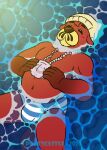  5_fingers :3 animal_crossing anthro beanie big_bulge bivalve_shell brown_nose bulge clothed clothing fingers floating fur hat headgear headwear hi_res holding_object jewelry lutrine male mammal mollusk_shell mustelid navel necklace nintendo outside partially_submerged pascal_(animal_crossing) polkscastle red_body red_fur shell shirtless solo underwear underwear_only video_games water 