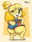  3:4 accessory animal_crossing anthro ball basketball_(ball) basketball_uniform big_butt blonde_hair bottomwear breasts butt butt_focus canid canine canis clothed clothing cosplay domestic_dog female hair hair_accessory hairband hand_on_hip hi_res hotpants huge_butt isabelle_(animal_crossing) looking_at_viewer looking_back looking_back_at_viewer looney_tunes mammal mrxrickyx nintendo one_eye_closed scapula shih_tzu shirt short_stack shorts signature simple_background skimpy solo sportswear tank_top thick_thighs topwear toy_dog uniform video_games warner_brothers wide_hips wink yellow_body 