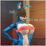  1:1 2021 3d_(artwork) animatronic anthro armor big_breasts big_butt blue_body blue_skin border bottomless bottomless_anthro bottomless_female breasts butt cleavage clothed clothing cosplay curvy_figure detailed_background dialogue digital_media_(artwork) doctorpurple2000 english_text female fingers five_nights_at_freddy&#039;s five_nights_at_freddy&#039;s_2 freckles hands_on_hips headgear helmet hi_res hourglass_figure huge_breasts huge_butt lagomorph leporid lips machine mammal multicolored_body multicolored_skin rabbit robot soldier_(team_fortress_2) solo source_filmmaker standing team_fortress_2 teeth text topwear toy_bonnie_(fnaf) tube_top uncanny_valley valve video_games voluptuous white_body white_border white_skin wide_hips 