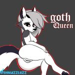  1:1 2021 anthro anus black_nose butt canid ear_piercing english_text female genitals goth grey_background hair helluva_boss looking_at_viewer loona_(vivzmind) mammal nipples nude pawpads piercing pussy red_sclera shnuzzlez simple_background smile solo text white_body 