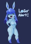  2021 4_fingers absurd_res anthro blue_body blue_hair blue_sclera breasts cute_fangs dialogue eeveelution english_text featureless_breasts female fingers glaceon hair hand_on_hip hi_res looking_at_viewer navel nebssik nintendo nude open_mouth pok&eacute;mon pok&eacute;mon_(species) shaming simple_background smile solo standing talking_to_viewer text video_games white_eyes 