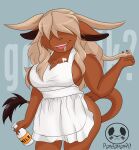  apron apron_only big_breasts bovid bovine breasts cattle clothing curvaceous curvy_figure female got_milk? hair_over_eyes highland_cattle holding_object horn mammal meme milk milk_mustache mostly_nude overweight pandaman90 solo spill spilled_drink thick_thighs voluptuous 