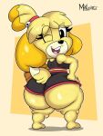  3:4 accessory animal_crossing anthro ball basketball_(ball) basketball_uniform big_butt blonde_hair bottomwear breasts butt butt_focus canid canine canis clothed clothing domestic_dog female hair hair_accessory hairband hand_on_hip hi_res hotpants huge_butt isabelle_(animal_crossing) looking_at_viewer looking_back looking_back_at_viewer mammal mrxrickyx nintendo one_eye_closed scapula shih_tzu shirt short_stack shorts signature simple_background skimpy solo sportswear tank_top thick_thighs topwear toy_dog uniform video_games wide_hips wink yellow_body 