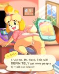  2020 4:5 absurd_res animal_crossing anthro anus bell black_nose blonde_hair breasts butt canid canine canis chair clothed clothing computer day detailed_background dialogue diploma domestic_dog english_text female footwear furniture genitals hair hi_res inside isabelle_(animal_crossing) laptop looking_at_viewer mammal nintendo no_underwear office_chair phone presenting presenting_hindquarters pussy shoes smile solo teenagebratwurst text video_games window 