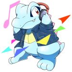  2018 3_toes ambiguous_gender blue_body bottomless clothed clothing feet headphones jacket musical_note nintendo pok&eacute;mon pok&eacute;mon_(species) scalie simple_background smile solo tatu_wani_(artist) toes topwear totodile video_games white_background 