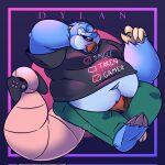  1:1 2021 anthro belly blue_body bottomwear clothing controller dylan_(the_human_heart) eulipotyphlan eyes_closed eyewear frankie_drawz game_controller glasses hi_res male mammal mole_(animal) overweight overweight_male pants shirt solo the_human_heart_(game) topwear video_games visual_novel 