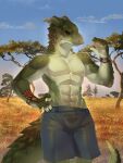  2021 5_fingers absurd_res anthro brown_eyes day detailed_background digital_media_(artwork) dragon eyebrows eyelashes fingers green_body green_scales hi_res horn male muscular outside rizapiska scales shirtless sky solo v-cut wingless_dragon 