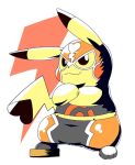  2018 3_toes cleft_tail clothing cosplay_pikachu_(costume) dipstick_ears feet female female_(lore) mask midriff multicolored_ears nintendo pikachu pikachu_libre pok&eacute;mon pok&eacute;mon_(species) pose semi-anthro simple_background smile solo tatu_wani_(artist) toes video_games white_background yellow_body yellow_skin 