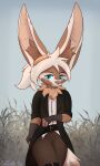  anthro belt blue_eyes bottomwear brown_body brown_fur canid canine clothed clothing coat coffeefly eyewear fennec fox fur gloves goggles grass handwear hi_res inner_ear_fluff mammal melody_(aseethe) pants plant shirt standing topwear trenchcoat tuft 