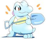  2018 3_toes ambiguous_gender blue_body feet holding_object nintendo open_mouth pok&eacute;mon pok&eacute;mon_(species) scalie shovel simple_background smile solo tatu_wani_(artist) toes tools totodile video_games white_background 