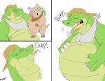  abdominal_bulge anthro anthro_pred anthro_prey belly big_belly bodily_fluids canson claws clothing comic crocodile crocodilian crocodylid domestic_pig duo green_belly green_body green_skin hat headgear headwear licking licking_lips male male/male male_pred mammal obese oral_vore overweight pink_body pink_skin reptile scalie simple_background suid suina sus_(pig) sweat sweatdrop tongue tongue_out vore white_background 