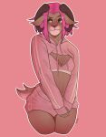  absurd_res anthro bovid brown_body brown_fur caprine clothed clothing female fingers fur goat green_eyes hair hi_res horn hyenahypy mammal pink_hair simple_background solo 