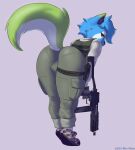  2021 alduin_hearth_(character) anthro big_butt black_clothing black_gloves black_handwear black_nose blue_body blue_fur bottomwear bulge bulletproof_vest butt canid canine canis clothing domestic_dog footwear fur girly gloves green_body green_bottomwear green_clothing green_eyes green_fur green_pants green_pupils green_topwear green_vest grey_background grey_clothing grey_footwear grey_shirt grey_shoes grey_topwear gun half-closed_eyes handwear hi_res holding_gun holding_object holding_weapon inner_ear_fluff looking_at_viewer looking_back male mammal mr-shin narrowed_eyes pants presenting presenting_hindquarters pupils purple_inner_ear raised_tail ranged_weapon rear_view red_clothing red_footwear red_shoes running_shoes shirt shoes simple_background solo thick_thighs tiptoes topwear tuft weapon white_body white_fur 