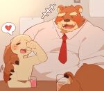  0119_muu 2021 alcohol anthro beer belly beverage big_belly blush bodily_fluids brown_body brown_fur clothing duo eyes_closed fur kemono male mammal necktie overweight overweight_male sad shirt sitting tears topwear ursid 