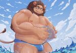 2021 anthro belly brown_body bulge clothing eyewear felid glasses hi_res humanoid_hands kemono kentachen27 lion male mammal moobs navel nipples outside overweight overweight_male pantherine solo swimwear 