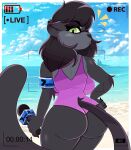 absurd_res anthro beach big_butt breasts butt clothed clothing felid female hi_res holding_microphone holding_object mammal microphone one-piece_swimsuit outside pantherine seaside solo swimwear wireless_shiba 