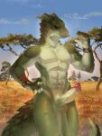  2021 5_fingers abs absurd_res anthro brown_eyes day detailed_background digital_media_(artwork) dragon eyebrows eyelashes fingers grassanthro green_body green_scales hi_res horn male muscular nude outside rizapiska scales sky solo wingless_dragon 