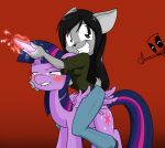  2017 anthro bite biting_lip black_hair blue_hair blush bottomwear breasts clothing cutie_mark deadpool denim denim_clothing digital_media_(artwork) domestic_cat equid equine eyelashes felid feline felis female fingers friendship_is_magic fur gesture grey_body grey_fur group hair hasbro horn horse human jeans long_hair looking_at_viewer male mammal marvel multicolored_hair my_little_pony pants pink_hair pony purple_body purple_eyes purple_fur purple_hair red_background sandwich-anomaly simple_background simple_eyes sitting smile standing teeth thumbs_up twilight_sparkle_(mlp) vanessa_(sandwich-anomaly) winged_unicorn wings 