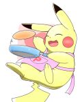  2018 3_toes ambiguous_gender apron apron_only clothing dipstick_ears eyes_closed feet food happy mostly_nude multicolored_ears nintendo open_mouth open_smile pan pancake pikachu pok&eacute;mon pok&eacute;mon_(species) simple_background smile solo tatu_wani_(artist) text text_on_apron text_on_clothing toes tongue video_games white_background yellow_body 